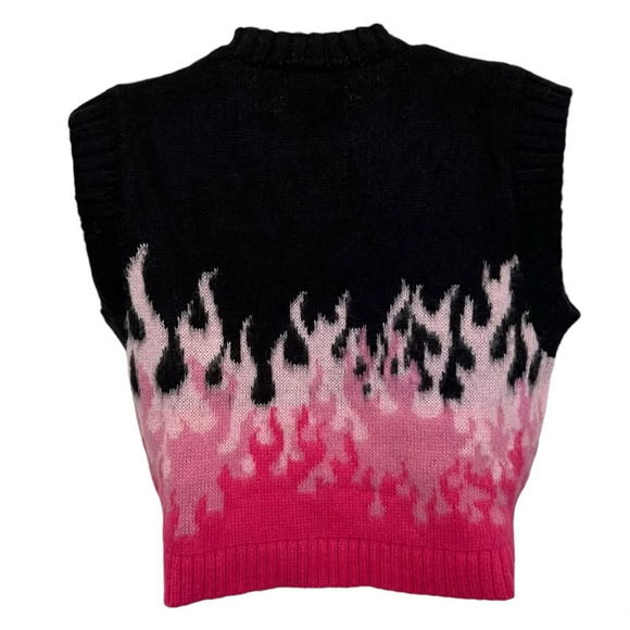 Ragged Priest Burnout Flame Black & Pink Crop Sweater Vest Pink Black Size XS - Picture 3 of 9